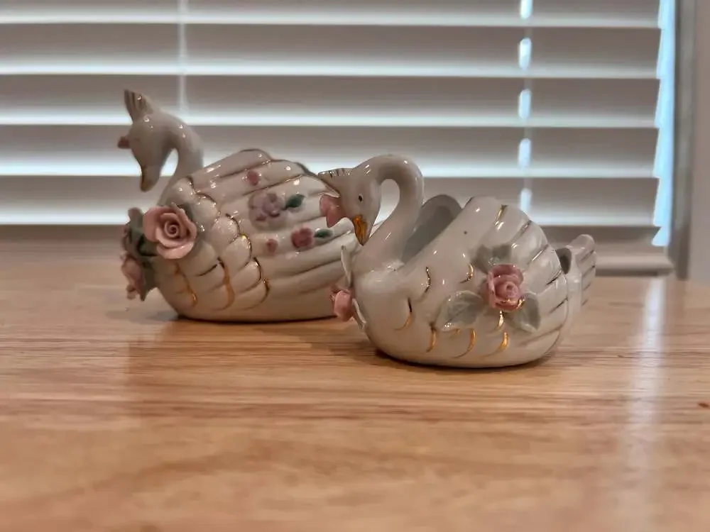 Vintage Porcelain Swan Trinket Dishes with Applied Floral Roses and Gold Trim